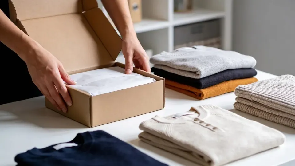 Folded clothing being packed into a cardboard shipping box